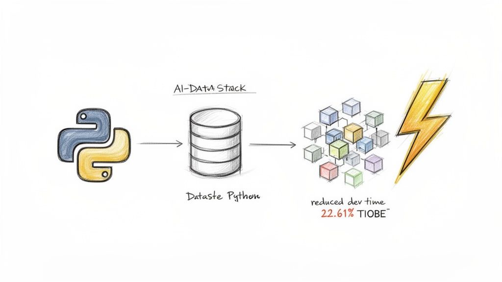 A diagram illustrating Python connecting to an AI-DATA Stack database, leading to reduced development time and efficiency.