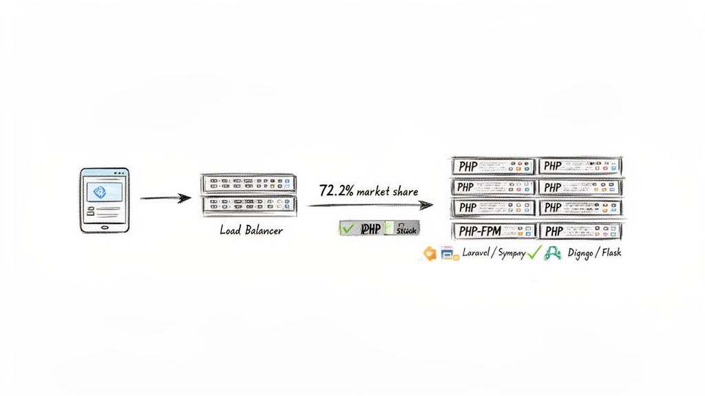 Diagram shows a mobile client accessing a load-balanced PHP server architecture, emphasizing PHP's 72.2% market share.