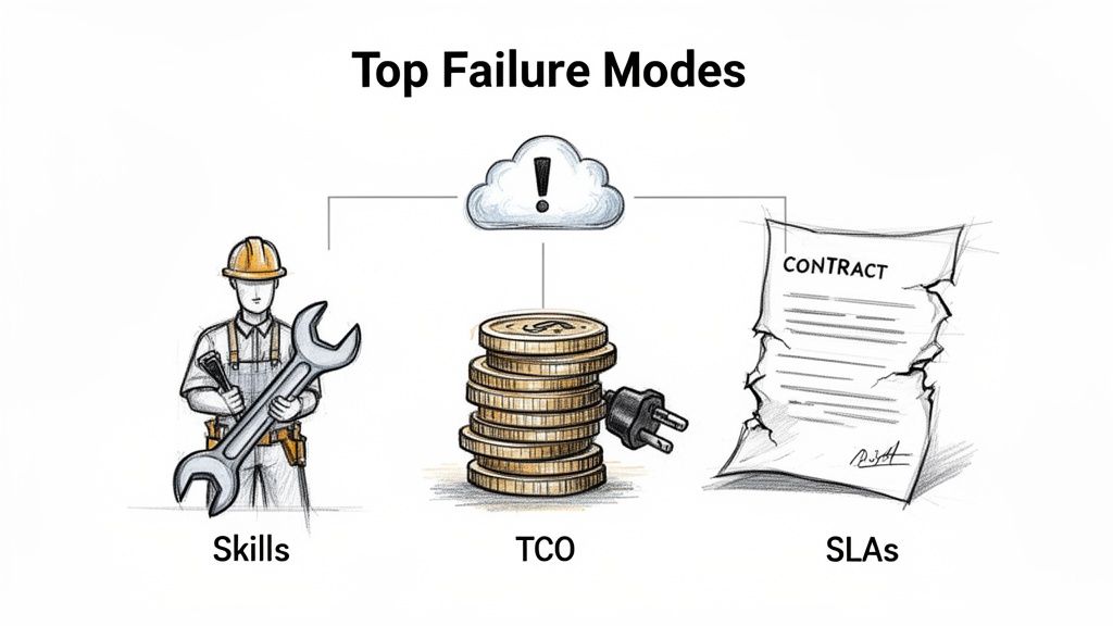 Diagram illustrating top failure modes in cloud computing: skills, TCO, and SLAs.