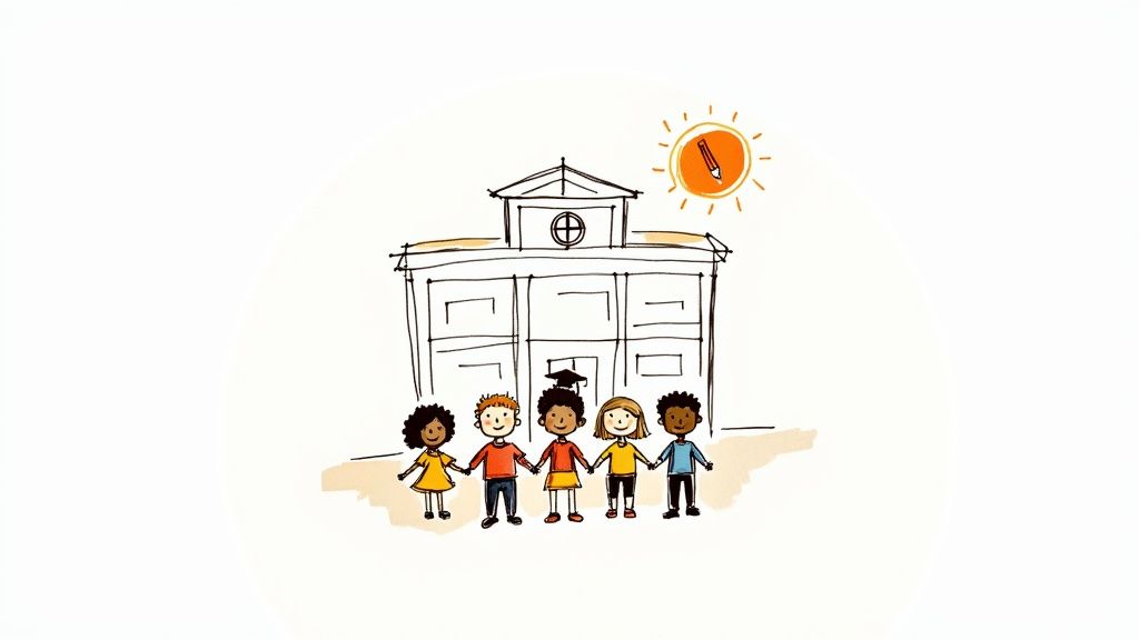 Diverse children holding hands in front of a school building with a sun and pencil representing education.