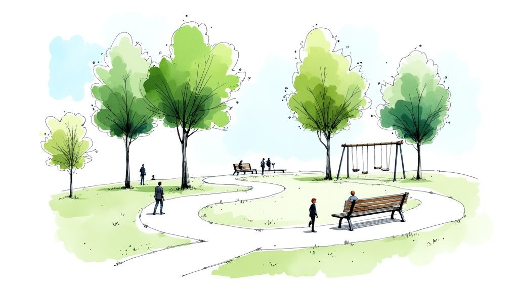 A vibrant watercolor illustration depicts a serene public park with trees, winding paths, benches, a swing set, and people enjoying the outdoors.