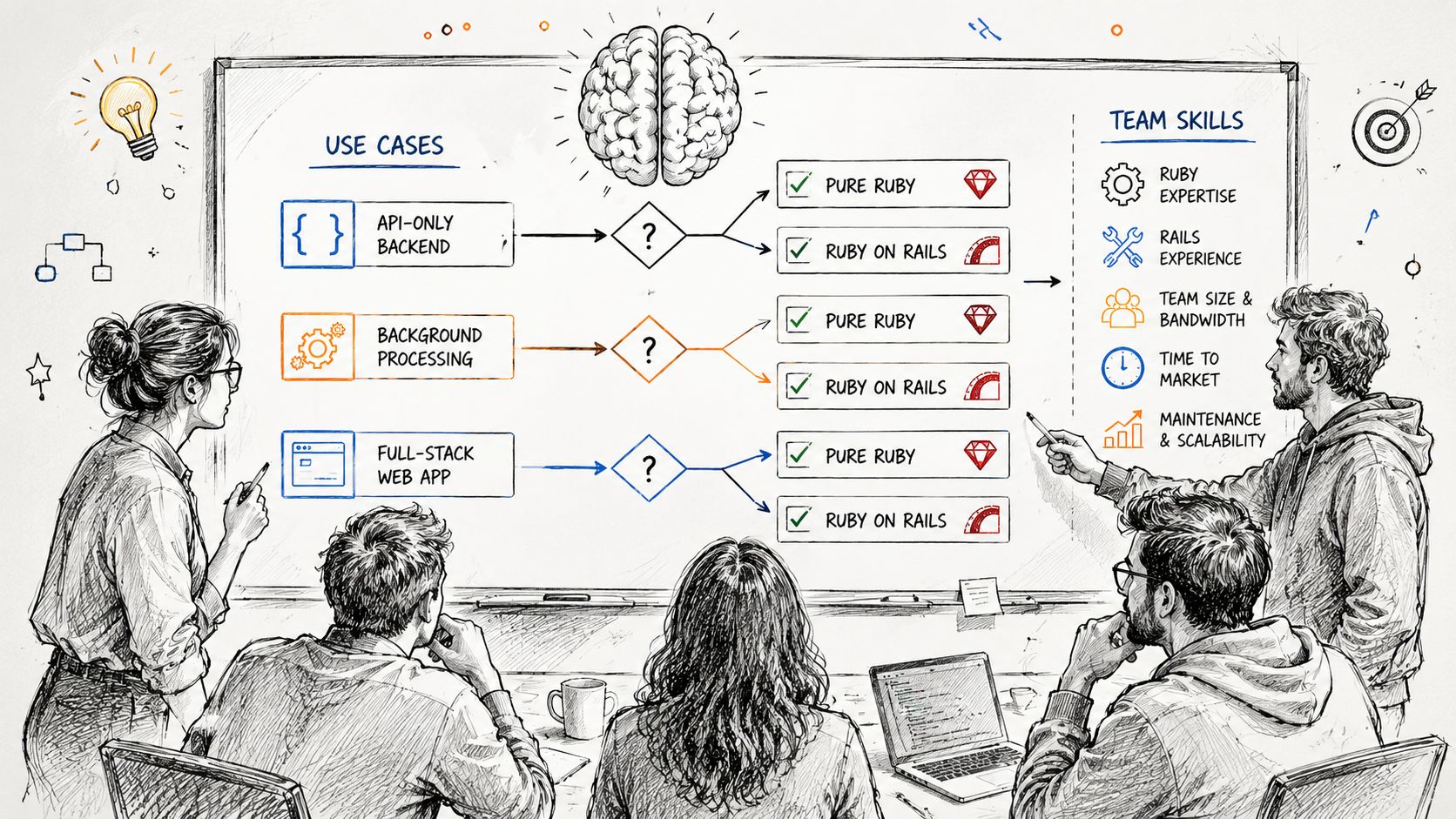 A team discussing use cases and choosing between Pure Ruby and Ruby on Rails on a whiteboard.