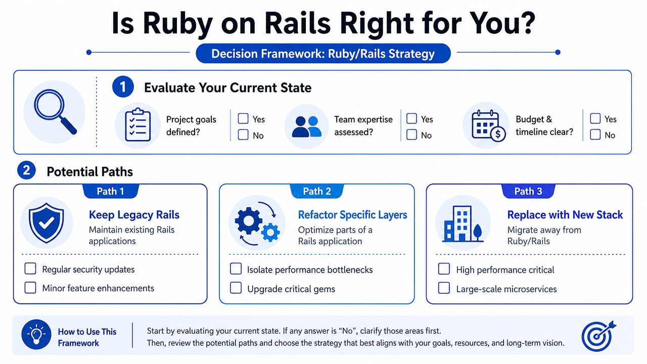A decision framework infographic helping developers choose between maintaining, refactoring, or replacing a Ruby on Rails application.