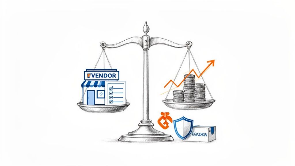 A balance scale weighing vendor services and checklist against financial growth and secure escrow.