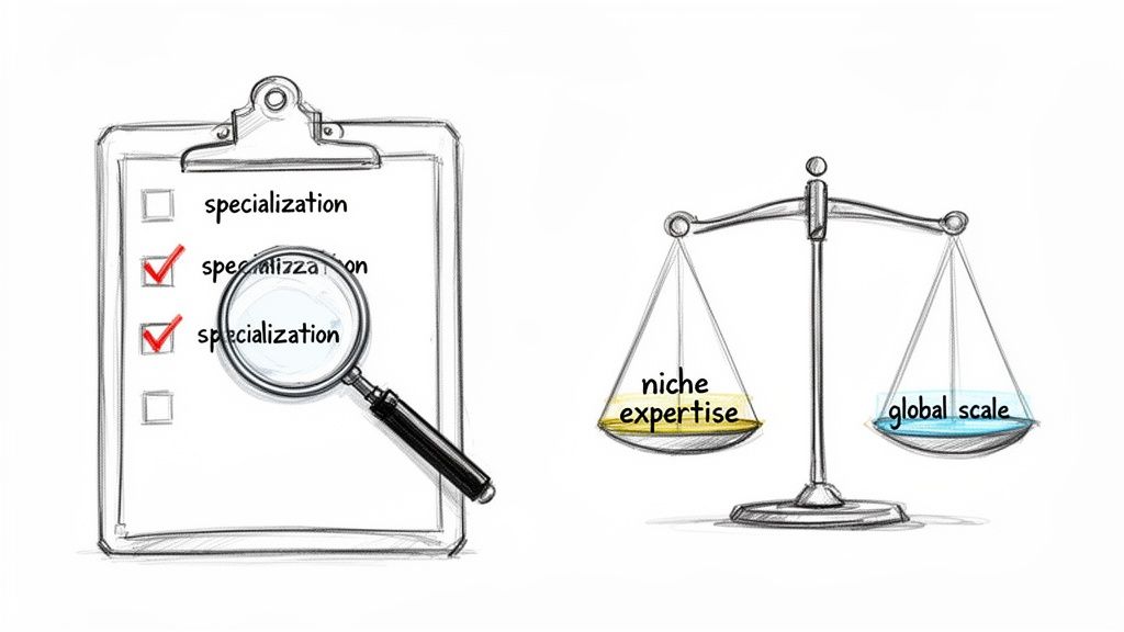Sketch of a checklist highlighting 'specialization' and a balance scale with 'niche expertise' and 'global scale'.