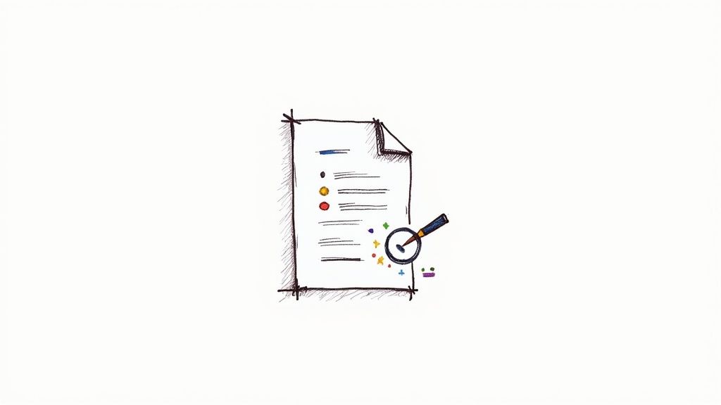 Hand-drawn checklist or document with colorful items being reviewed by a magnifying glass.