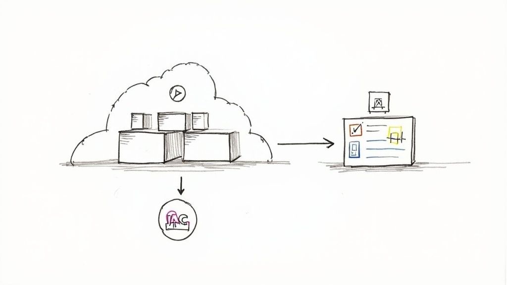 Hand-drawn diagram depicting cloud infrastructure deploying to an application, with an Infrastructure as Code component.
